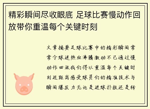 精彩瞬间尽收眼底 足球比赛慢动作回放带你重温每个关键时刻